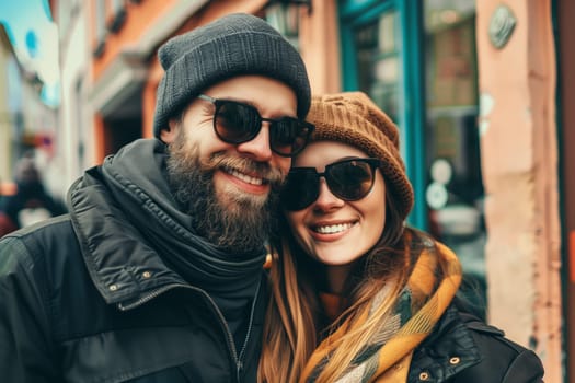 Portrait of happy smiling young couple together in the city wearing a hat and glasses, woman and man looking at camera