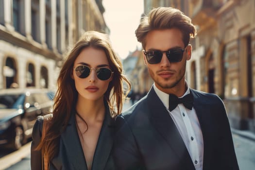 Fashionable portrait of stylish beautiful woman and man in suit, modern young couple in glasses posing together on city street