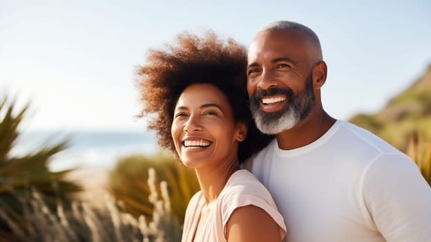 Summer portrait of happy smiling mature black American couple standing together on sunny coast, woman and man enjoying beach vacation at sea