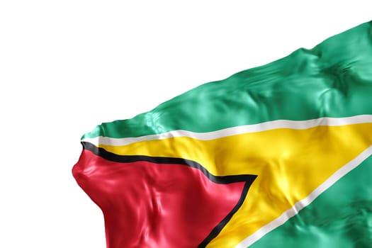 Realistic flag of Guyana with folds, isolated on white background. Footer, corner design element. Cut out. Perfect for patriotic themes or national event promotions. Empty, copy space. 3D render
