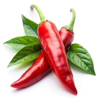 Red chili pepper with leaves, on white background, AI generated illustration.