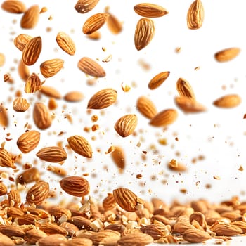 Almonds raining down on a white backdrop, representing a versatile ingredient in various cuisines and recipes. A staple food among nuts seeds