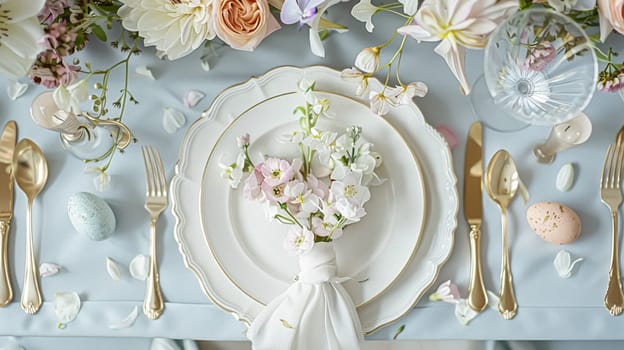 Easter tablescape decoration, floral holiday table decor for family celebration, spring flowers, Easter eggs, Easter bunny and vintage dinnerware, English country and home styling