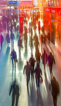 A blurred picture captures a lively crowd walking down a city sidewalk, enjoying a public event filled with leisure, entertainment, and fun