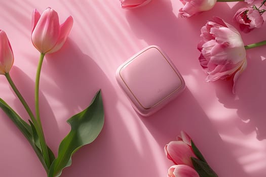 A white box with a pink background and a rose on it. The box is a small device that is likely a phone or a tablet. The pink background and the rose suggest a romantic or feminine theme