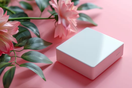 A white box with a pink background and a rose on it. The box is a small device that is likely a phone or a tablet. The pink background and the rose suggest a romantic or feminine theme