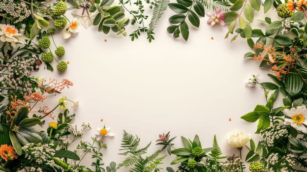 Frame of plant leaves and flowers on a white background. Selective focus. nature.