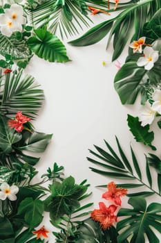 Frame of plant leaves and flowers on a white background. Selective focus. nature.