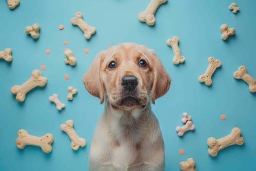 A dog surrounded with floating bone, Dog Biscuits, Professional studio photography.