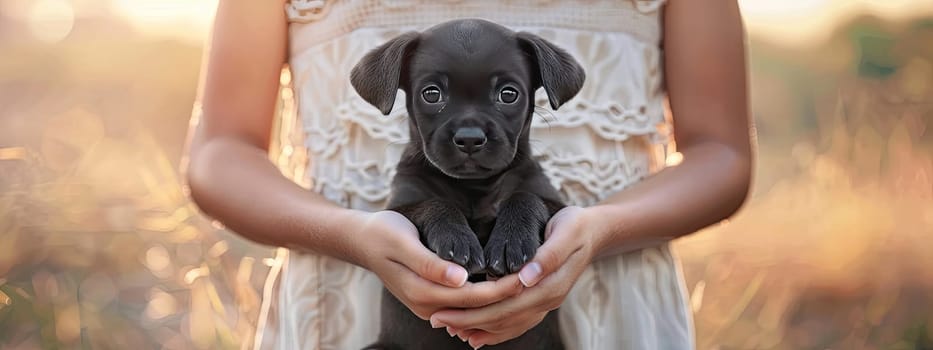 A puppy in the hands of a woman. Selective focus. people.