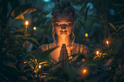 A woman is praying in a field with the sun in the background