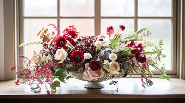 Beautiful floral arrangement with winter, autumn or early spring botanical plants and flowers