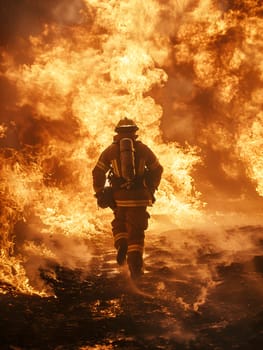 A firefighter is bravely battling a dangerous event, running through a field of flames and choking smoke, facing heat and hazardous gas pollution