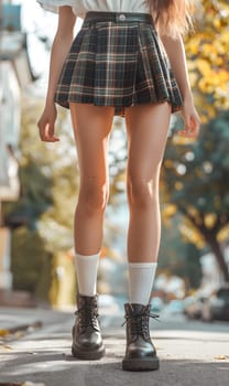 A woman in a plaid skirt and black boots is standing on a sidewalk, showcasing the tartan pattern on her thighlength uniform