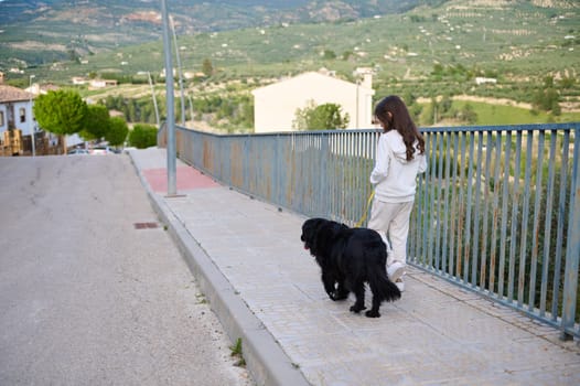 Full length authentic portrait of adorable little child girl with her dog on the walk outdoors. The concept of love, care and empathy for animals. Playing pets. Happy carefree childhood