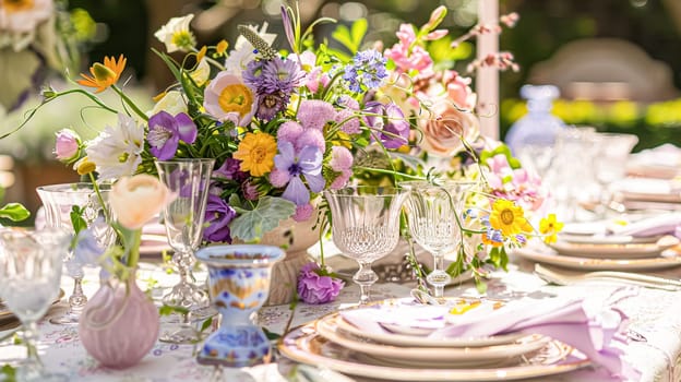 Easter tablescape decoration, floral holiday table decor for family celebration, spring flowers, Easter eggs, Easter bunny and vintage dinnerware, English country and home styling