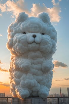 A white dog is standing in the clouds with a smile on its face. The clouds are fluffy and white, and the sky is a beautiful blue. The dog appears to be happy and content