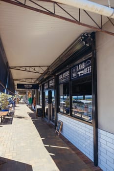 BERMAGUI, AUSTRALIA - April 3 2024: Bermagui Main St and shops in Bega Shire, New South Wales, Australia