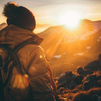 A woman in a cap and eyewear is happily looking at the sunset in nature, with the sun shining bright in the sky, creating a beautiful landscape AIG50