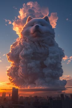 A white dog is standing in the clouds with a smile on its face. The clouds are fluffy and white, and the sky is a beautiful blue. The dog appears to be happy and content