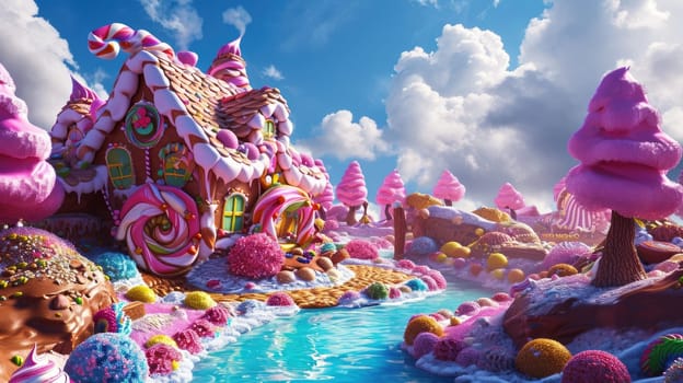 A whimsical and colorful candy village with houses made of confectionery delights and a river flowing with liquid sweetness. Resplendent.