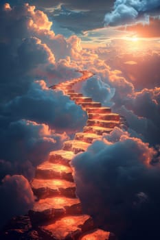 A staircase of fire is shown in the sky, with clouds in the background. The image has a dreamy, surreal quality to it, as if the staircase is leading to a different world