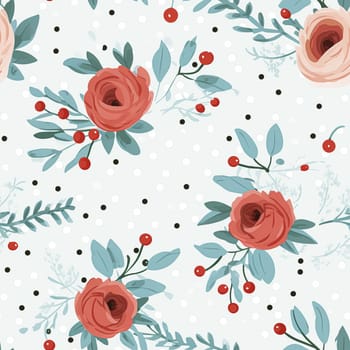 Seamless pattern, tileable Christmas holiday floral, country flowers dots print, English countryside roses for wallpaper, wrapping paper, scrapbook, fabric and product design motif