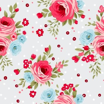 Seamless pattern, tileable floral country holiday print with roses, dots and flowers for wallpaper, wrapping paper, scrapbook, fabric and polka dot roses product design idea