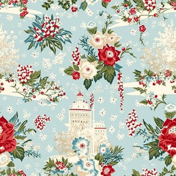 Seamless pattern, tileable Christmas holiday country house, floral dots print, English countryside for wallpaper, wrapping paper, scrapbook, fabric and product design motif