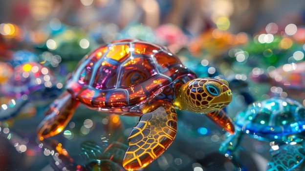 A turtle is sitting on a surface with other turtles. The turtle is surrounded by a variety of colors, including blue, green, and yellow. Concept of playfulness and diversity