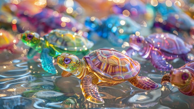 A turtle is sitting on a surface with other turtles. The turtle is surrounded by a variety of colors, including blue, green, and yellow. Concept of playfulness and diversity