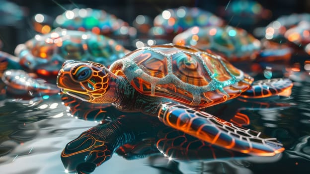 A turtle is sitting on a surface with other turtles. The turtle is surrounded by a variety of colors, including blue, green, and yellow. Concept of playfulness and diversity