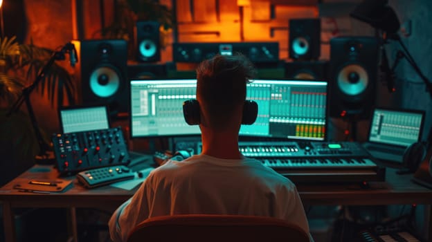 Professional energetic musician recording music while playing keyboard at modern music studio. Attractive music producer or sound engineer focus on listening demo song while mastering track. AIG42.