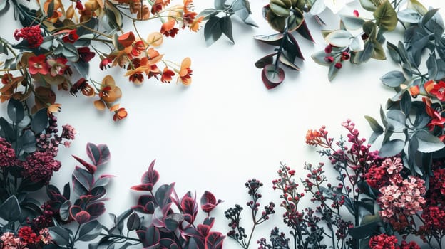 Leaves and flowers on a white background frame. Selective focus. nature.