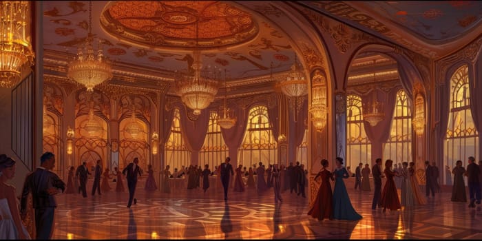 An art deco inspired ballroom from the 1920s, with elegant dancers and lavish decor. Resplendent.