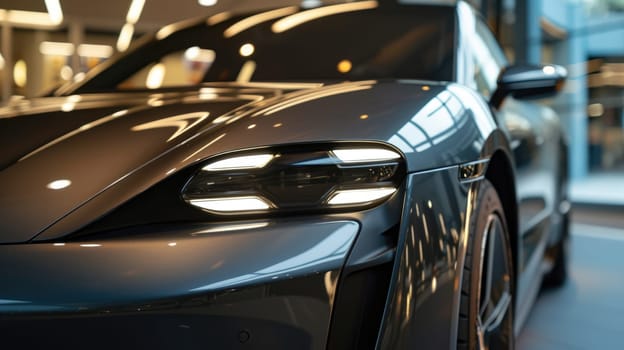 A close-up of a sleek black luxury sports car's headlight, showcased in the reflective ambiance of a premium car showroom. AIG41