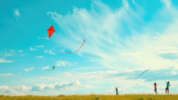 A group of people are flying kites in a grassy field under the azure sky with fluffy cumulus clouds floating in the atmosphere. AIG41