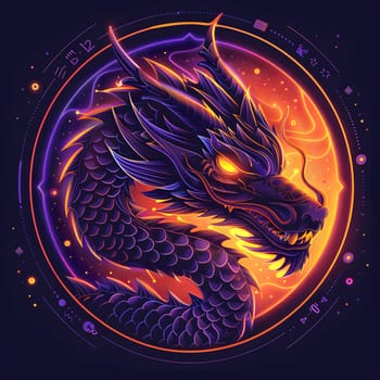 An electric blue dragons head depicted in a circle with intricate patterns, shimmering in the darkness of space. A mesmerizing piece of art combining visual arts and graphics, emitting heat and gas