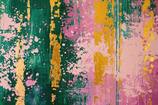 The abstract picture of the gold, pink and green colour that has been painted or splashed on the white blank background wallpaper to form random shape that cannot be describe yet beautiful. AIGX01.
