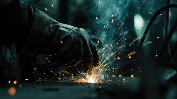 Close up of professional technician or mechanic working at factory while making a fire spark. Skilled industrial worker or engineer cutting a metal or iron while wearing safety uniform. AIG42.