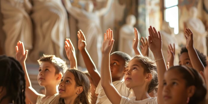A group of children are raising their hands in a museum. AIG51A.