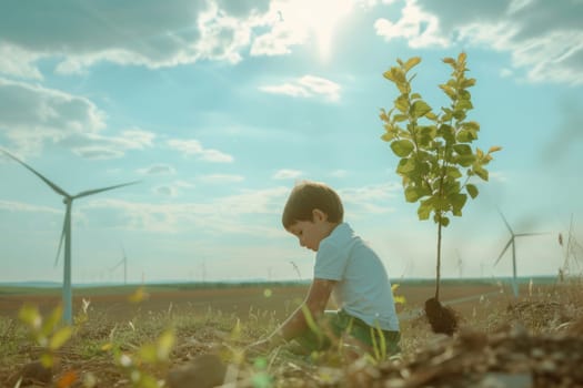 Happy children planting a tree surrounded with wind mill and sitting. Attractive elementary student growing a tree in the garden. Environmental saving world concept. Sustainable energy. AIG42.