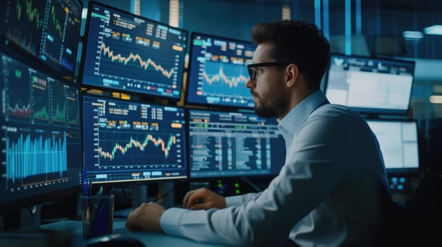 Professional investor sitting while looking financial graph from laptop desktop. Businessman analyzing stock market statistic chart while typing at keyboard and making decision for investment. AIG42.
