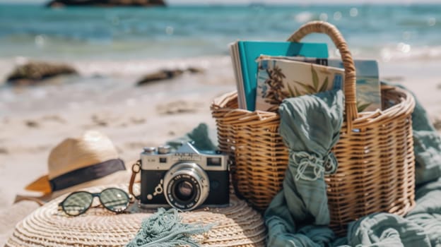 A waterresistant wicker basket packed with a hat, camera, and books rests on the sandy beach, blending wood, fashion accessories, and art into the coastal landscape AIG50