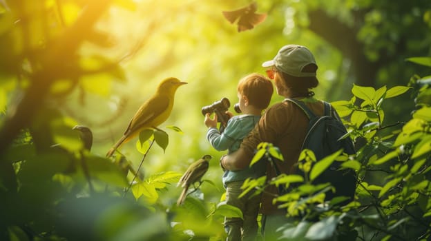young explorers use binoculars to observe a colorful bird, immersed in the vibrant foliage of a dense forest. AIG41