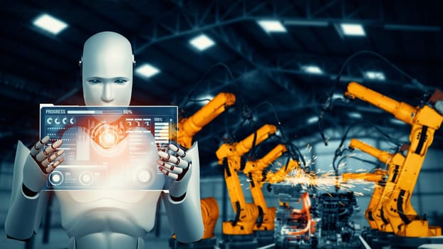 MLP Mechanized industry robot and robotic arms for assembly in factory production. Concept of artificial intelligence for industrial revolution and automation manufacturing process.