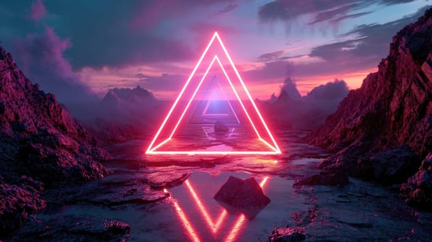 The great red floating triangle beyond the river that surrounded with a lot amount of the tall mountains at the dawn or dusk time of the day that shine light to the every part of the picture. AIGX03.