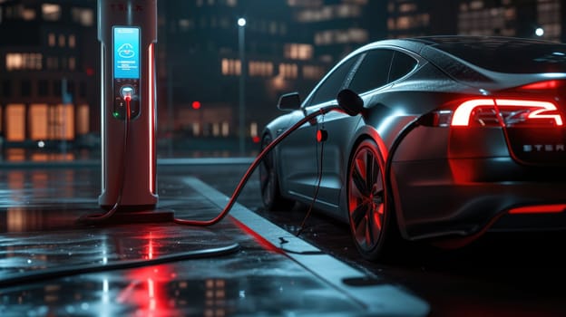 An electric vehicle is being charged at a station, while its wheels, tires, and alloy wheels rest peacefully under the hood. AIG41