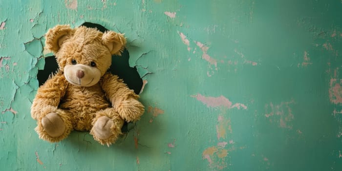 Close up view picture of the hollow green hole on the the wall that show the teddy stay inside the wall that has been made from some material yet still can be break to look through other side. AIGX03.