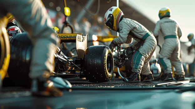 Photo of racing car was repaired by engine repair technician at arena. Car engine repair mechanic team helping and working while changing racing car wheel at race track with stress and tension. AIG42.